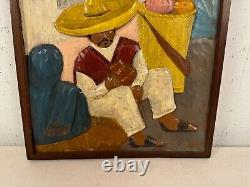 Vintage Signed Carved & Painted Wood Wall Hanging Mexico Scene Man & Woman