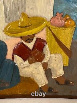 Vintage Signed Carved & Painted Wood Wall Hanging Mexico Scene Man & Woman