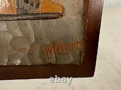 Vintage Signed Carved & Painted Wood Wall Hanging Mexico Scene Man & Woman