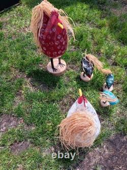 Vintage Signed Edith John Navajo Folk Art Carved Wooden Chickens