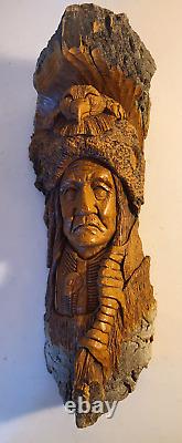 Vintage Signed Hand Carved Tree Wood Burl Native Indian Head Folkart Schnetter