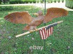 Vintage Signed Patriotic Folk Art American Eagle Hand Carved withFlag