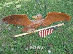 Vintage Signed Patriotic Folk Art American Eagle Hand Carved withFlag