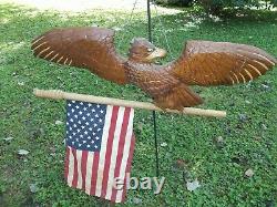 Vintage Signed Patriotic Folk Art American Eagle Hand Carved withFlag