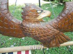 Vintage Signed Patriotic Folk Art American Eagle Hand Carved withFlag