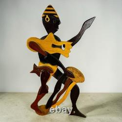 Vintage Suriname Hardwood Folk Art Dancing Drummer Sculpture with Labels 14