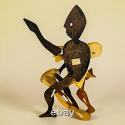 Vintage Suriname Hardwood Folk Art Dancing Drummer Sculpture with Labels 14