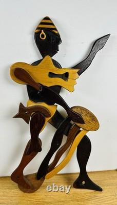 Vintage Suriname Hardwood Folk Art Dancing Drummer Sculpture with Labels 14