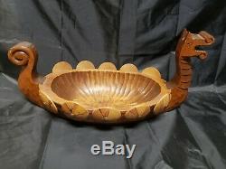 Vintage Swedish Hand Carved Wood Ahrneberg Viking Ship Bowl Scandinavia Folk Art