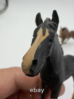 Vintage Swiss Folk Art Wooden Carved Horses Foals Figurines 3H