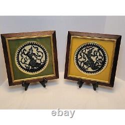 Vintage Thai Art Carved Leather Figures Indigenous Nang Folk Art Wood Framed