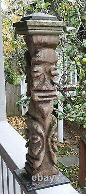 Vintage Tiki Style Carved Wood Faces Folk Art Red Cedar Totem 24 Polynesian