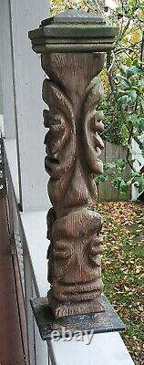 Vintage Tiki Style Carved Wood Faces Folk Art Red Cedar Totem 24 Polynesian