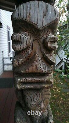 Vintage Tiki Style Carved Wood Faces Folk Art Red Cedar Totem 24 Polynesian