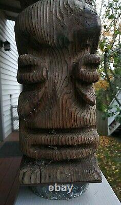 Vintage Tiki Style Carved Wood Faces Folk Art Red Cedar Totem 24 Polynesian