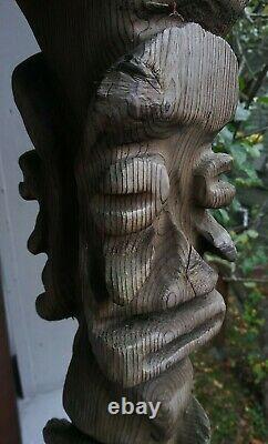 Vintage Tiki Style Carved Wood Faces Folk Art Red Cedar Totem 24 Polynesian
