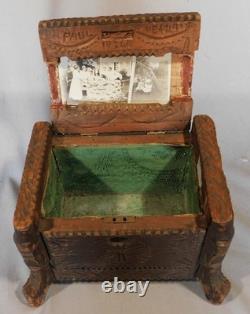 Vintage Tramp Art Box 1934 Signed Paul Venuto Antique Style Chip Carved Folk Art