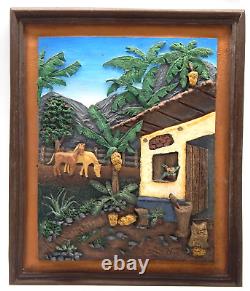 Vintage Tropical Village Farm Scene Folk Art 3-D Hand Carved Heavy Metal Frame