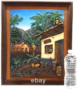 Vintage Tropical Village Farm Scene Folk Art 3-D Hand Carved Heavy Metal Frame
