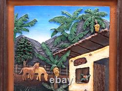 Vintage Tropical Village Farm Scene Folk Art 3-D Hand Carved Heavy Metal Frame