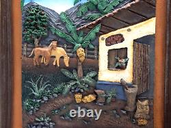 Vintage Tropical Village Farm Scene Folk Art 3-D Hand Carved Heavy Metal Frame