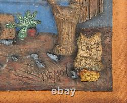 Vintage Tropical Village Farm Scene Folk Art 3-D Hand Carved Heavy Metal Frame
