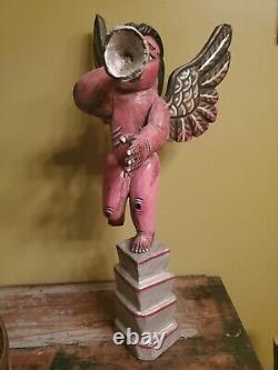 Vintage Unique Mexican Folk Art Carved Wood Cherub Angel Saint Gabriel Painted