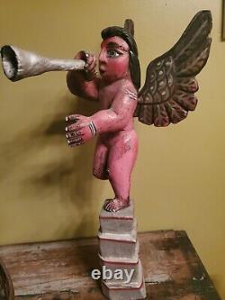Vintage Unique Mexican Folk Art Carved Wood Cherub Angel Saint Gabriel Painted