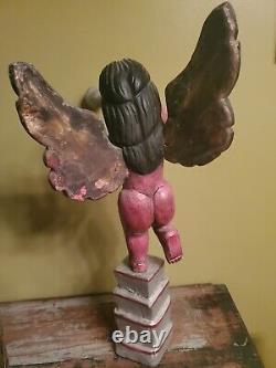 Vintage Unique Mexican Folk Art Carved Wood Cherub Angel Saint Gabriel Painted