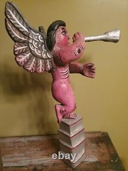 Vintage Unique Mexican Folk Art Carved Wood Cherub Angel Saint Gabriel Painted