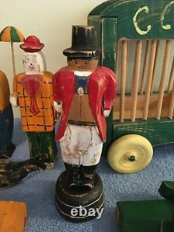 Vintage Wolf Bros Folk Art Hand Carved Wood Circus Wagon Ringmaster Clowns Etc