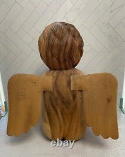 Vintage Wood Carved Angel Statue-Hand Carved/Crafted Solid Wood Cherub Sculpture