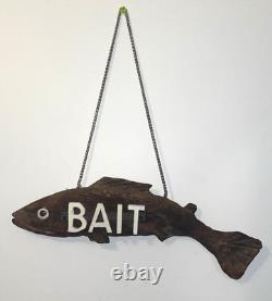 Vintage Wood Carved Fish Bait Trade Shop Sign 25 Folk Art 3D Wall Hanging Chain