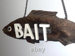 Vintage Wood Carved Fish Bait Trade Shop Sign 25 Folk Art 3D Wall Hanging Chain