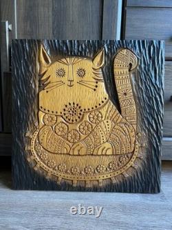 Vintage Wood Carved Mid Century Cat Folk Art Wall Hanging