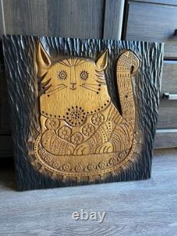 Vintage Wood Carved Mid Century Cat Folk Art Wall Hanging