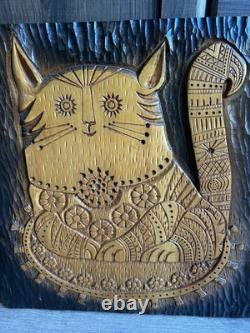 Vintage Wood Carved Mid Century Cat Folk Art Wall Hanging