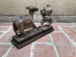 Vintage Wood Carved Prospector Miner with Stubborn Donkey Mule Statue Figurine