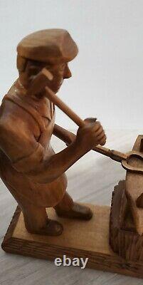 Vintage Wood Carved Wood Figure folkart Ferrier Blacksmith Sculpture Signed