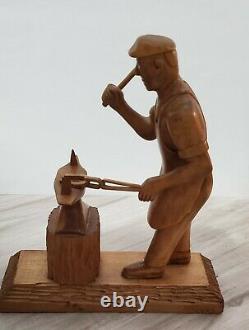 Vintage Wood Carved Wood Figure folkart Ferrier Blacksmith Sculpture Signed