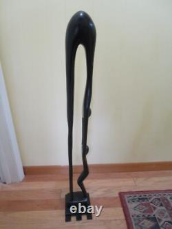 Vintage Wood Folk Art Carved Mother & Child Sculpture statue brass base 41 T