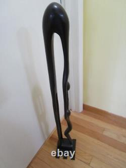 Vintage Wood Folk Art Carved Mother & Child Sculpture statue brass base 41 T