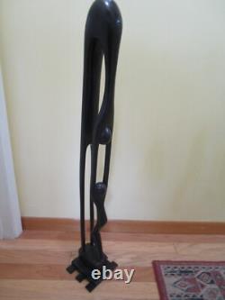 Vintage Wood Folk Art Carved Mother & Child Sculpture statue brass base 41 T