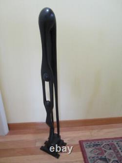 Vintage Wood Folk Art Carved Mother & Child Sculpture statue brass base 41 T