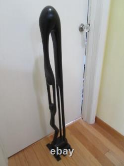 Vintage Wood Folk Art Carved Mother & Child Sculpture statue brass base 41 T