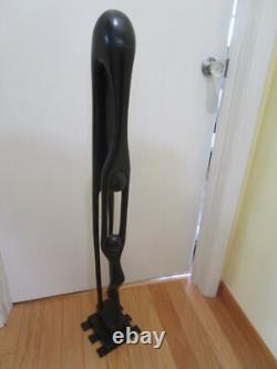 Vintage Wood Folk Art Carved Mother & Child Sculpture statue brass base 41 T