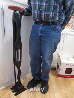 Vintage Wood Folk Art Carved Mother & Child Sculpture statue brass base 41 T