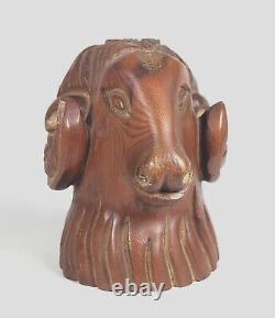 Vintage Wood Folk Art Carving Mountain Goat Ram Hand Carved Wooden Sculpture