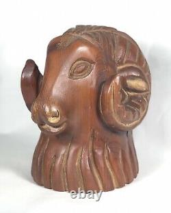 Vintage Wood Folk Art Carving Mountain Goat Ram Hand Carved Wooden Sculpture