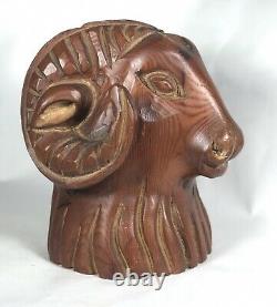 Vintage Wood Folk Art Carving Mountain Goat Ram Hand Carved Wooden Sculpture